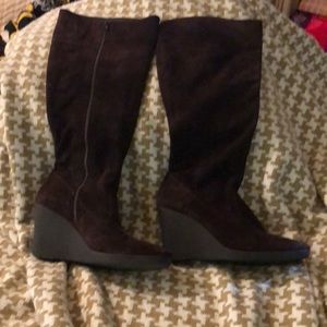 Dark brown suede tall wedge boots